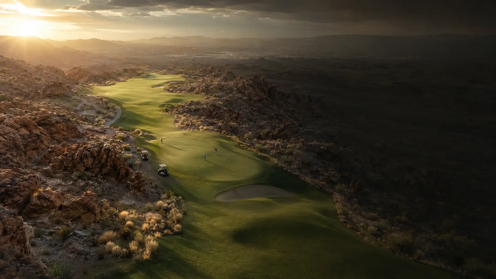 Aerial view of a desert golf hole glowing at sunset