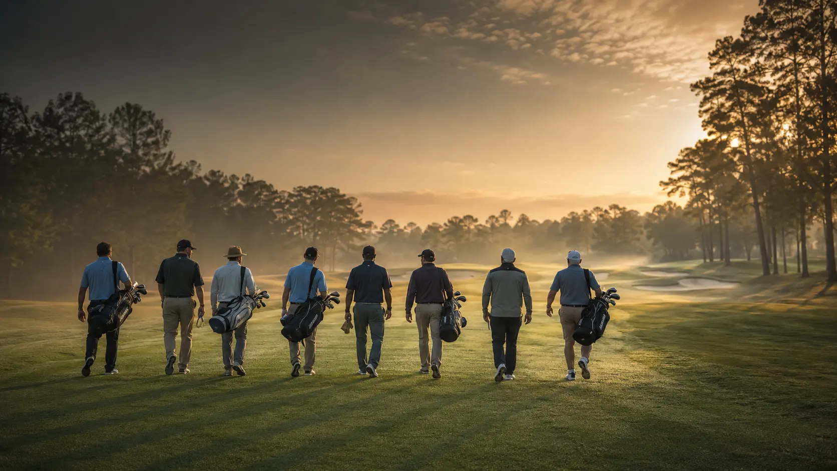 Group of golfers walking a misty fairway at sunrise
